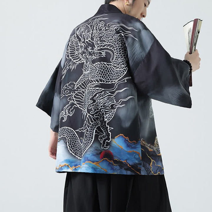 Buddha Stones Sommerlicher, lässiger Kimono mit Drachenmotiv und offener Vorderseite für Herren - image 9