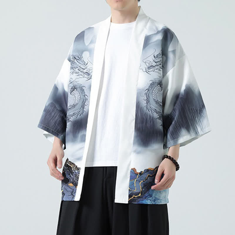 Buddha Stones Sommerlicher, lässiger Kimono mit Drachenmotiv und offener Vorderseite für Herren - Weißer Rauch - US/UK/AU48, EU58 (5XL) - image 13