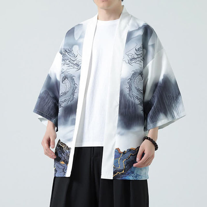Buddha Stones Sommerlicher, lässiger Kimono mit Drachenmotiv und offener Vorderseite für Herren - Weißer Rauch - US/UK/AU48, EU58 (5XL) - image 13