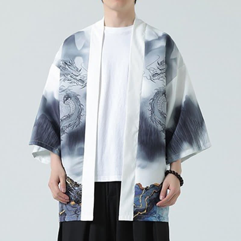 Buddha Stones Sommerlicher, lässiger Kimono mit Drachenmotiv und offener Vorderseite für Herren - image 15