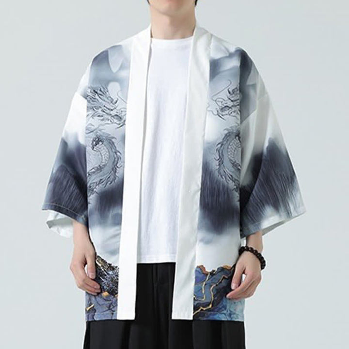 Buddha Stones Sommerlicher, lässiger Kimono mit Drachenmotiv und offener Vorderseite für Herren - image 15