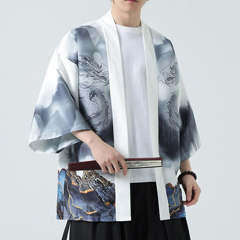 Buddha Stones Sommerlicher, lässiger Kimono mit Drachenmotiv und offener Vorderseite für Herren - image 18