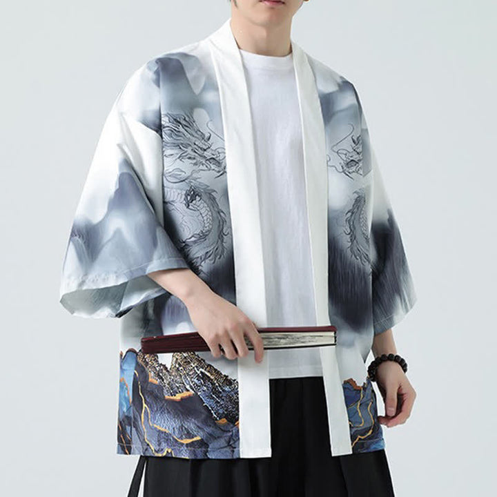 Buddha Stones Sommerlicher, lässiger Kimono mit Drachenmotiv und offener Vorderseite für Herren - image 18