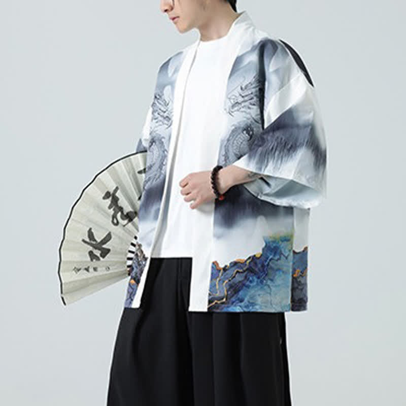 Buddha Stones Sommerlicher, lässiger Kimono mit Drachenmotiv und offener Vorderseite für Herren - image 21