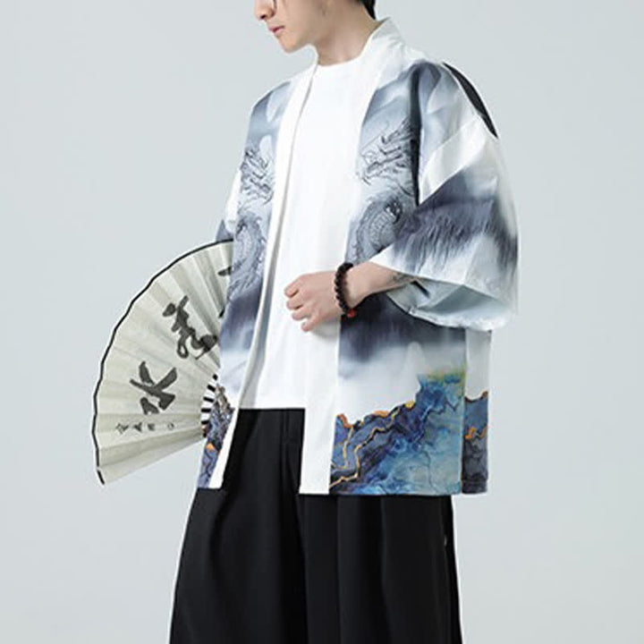Buddha Stones Sommerlicher, lässiger Kimono mit Drachenmotiv und offener Vorderseite für Herren - image 21