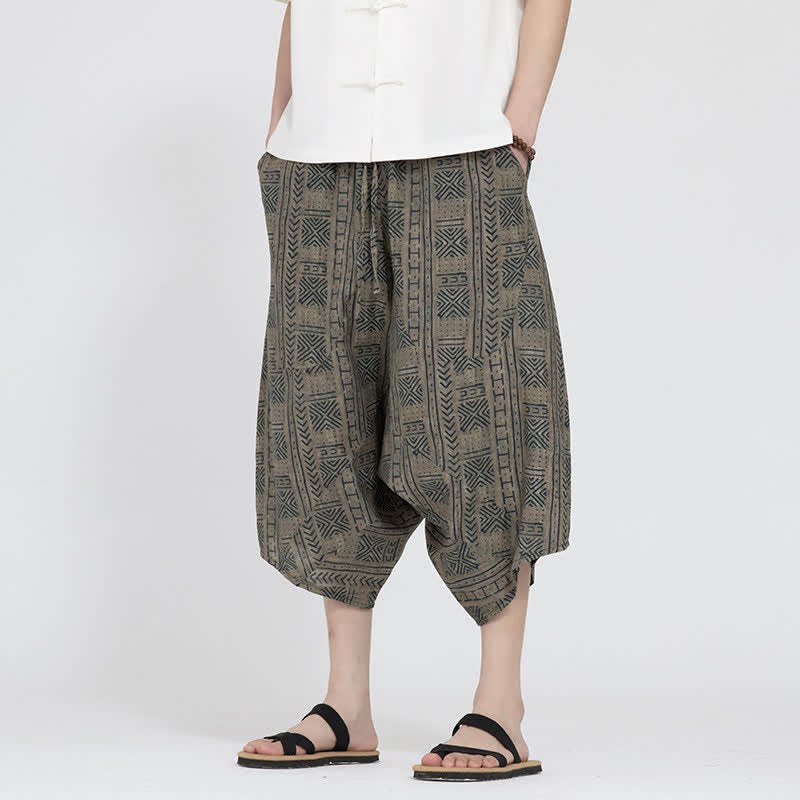 Buddha Stones Sommerliche Boho-Caprihose mit elastischem Bund, geometrischem Blumenmuster, Herren-Haremshose - Bräunen - US/UK/AU46, EU56 (5XL) - image 0