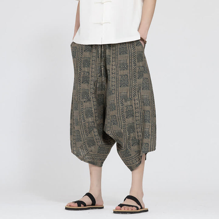 Buddha Stones Sommerliche Boho-Caprihose mit elastischem Bund, geometrischem Blumenmuster, Herren-Haremshose - Bräunen - US/UK/AU46, EU56 (5XL) - image 0