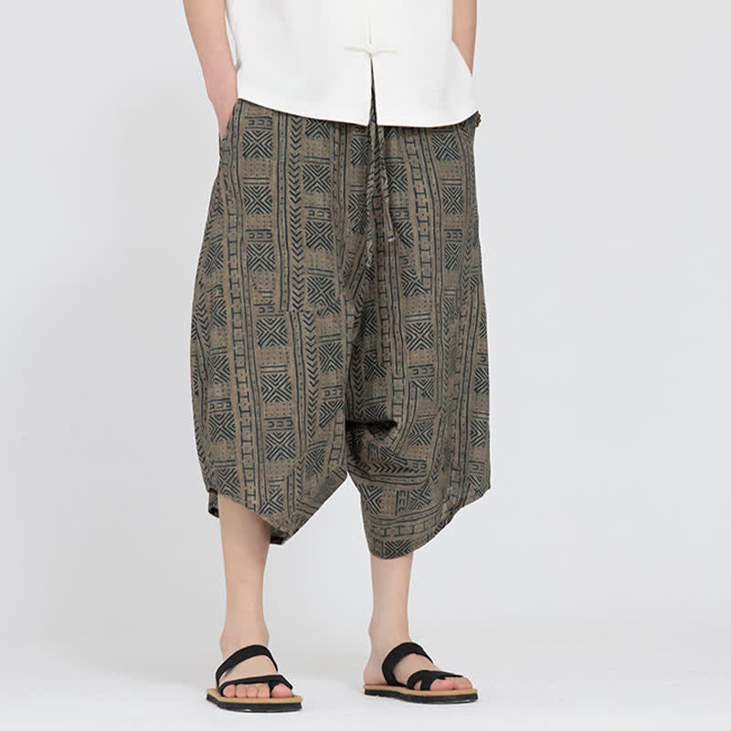 Buddha Stones Sommerliche Boho-Caprihose mit elastischem Bund, geometrischem Blumenmuster, Herren-Haremshose - image 6