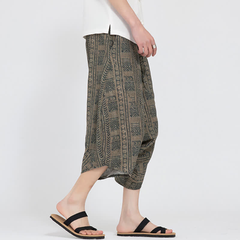 Buddha Stones Sommerliche Boho-Caprihose mit elastischem Bund, geometrischem Blumenmuster, Herren-Haremshose - image 2