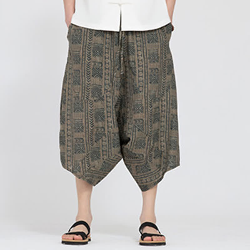 Buddha Stones Sommerliche Boho-Caprihose mit elastischem Bund, geometrischem Blumenmuster, Herren-Haremshose - image 1