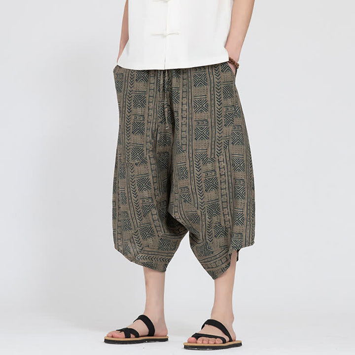Buddha Stones Sommerliche Boho-Caprihose mit elastischem Bund, geometrischem Blumenmuster, Herren-Haremshose - image 5