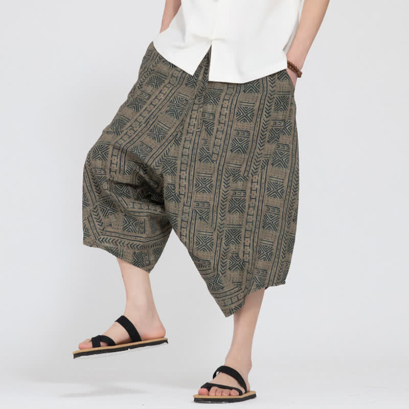 Buddha Stones Sommerliche Boho-Caprihose mit elastischem Bund, geometrischem Blumenmuster, Herren-Haremshose - image 7