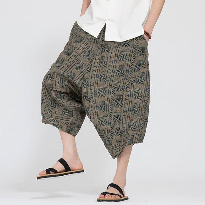 Buddha Stones Sommerliche Boho-Caprihose mit elastischem Bund, geometrischem Blumenmuster, Herren-Haremshose - image 7
