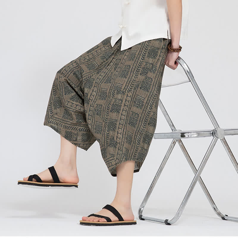 Buddha Stones Sommerliche Boho-Caprihose mit elastischem Bund, geometrischem Blumenmuster, Herren-Haremshose - image 9