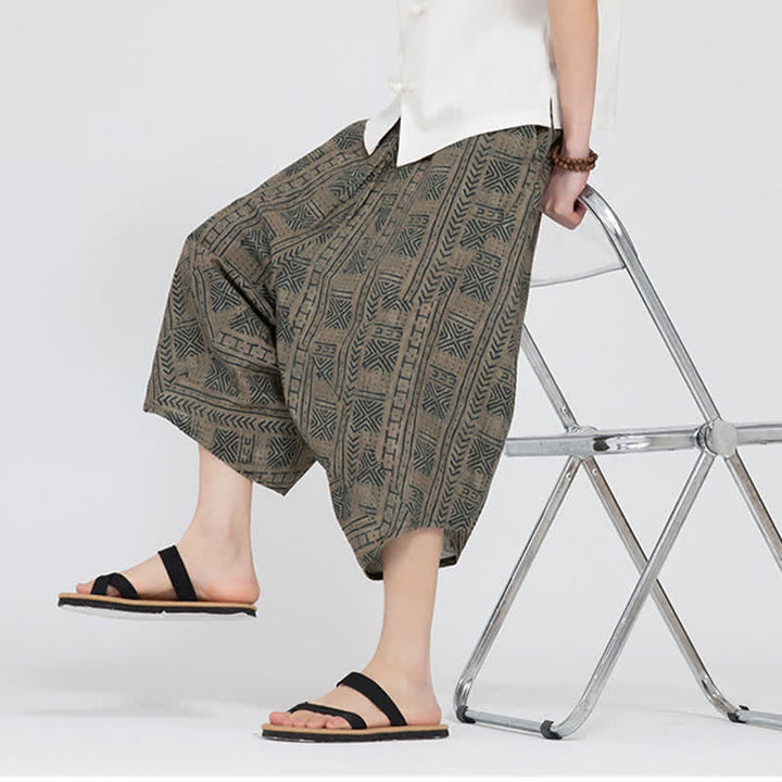 Buddha Stones Sommerliche Boho-Caprihose mit elastischem Bund, geometrischem Blumenmuster, Herren-Haremshose - image 9