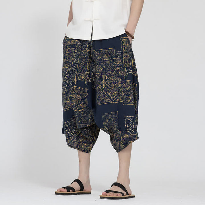 Buddha Stones Sommerliche Boho-Caprihose mit elastischem Bund, geometrischem Blumenmuster, Herren-Haremshose - image 10