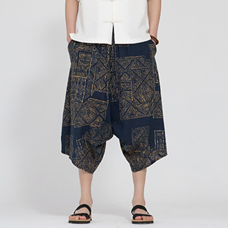 Buddha Stones Sommerliche Boho-Caprihose mit elastischem Bund, geometrischem Blumenmuster, Herren-Haremshose - image 11