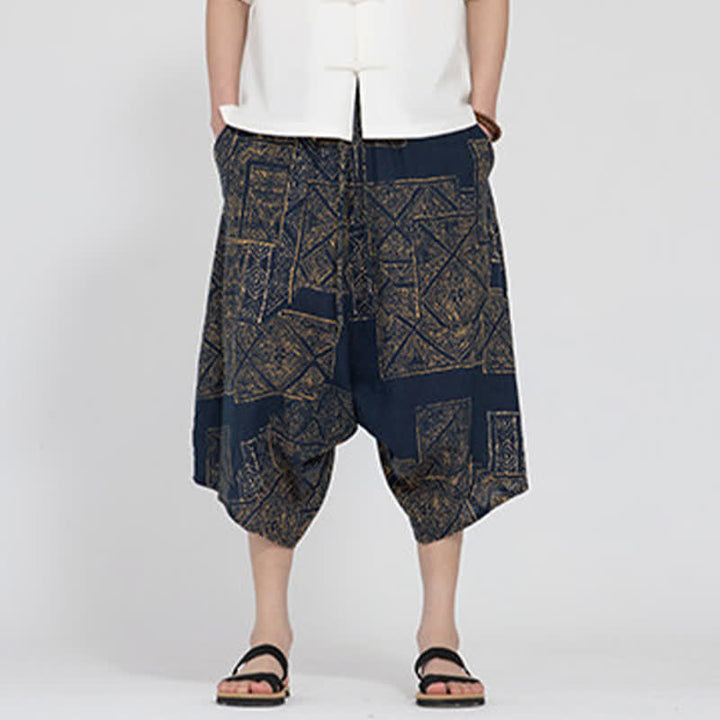Buddha Stones Sommerliche Boho-Caprihose mit elastischem Bund, geometrischem Blumenmuster, Herren-Haremshose - image 11
