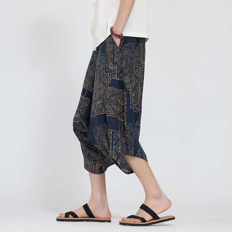 Buddha Stones Sommerliche Boho-Caprihose mit elastischem Bund, geometrischem Blumenmuster, Herren-Haremshose - image 13