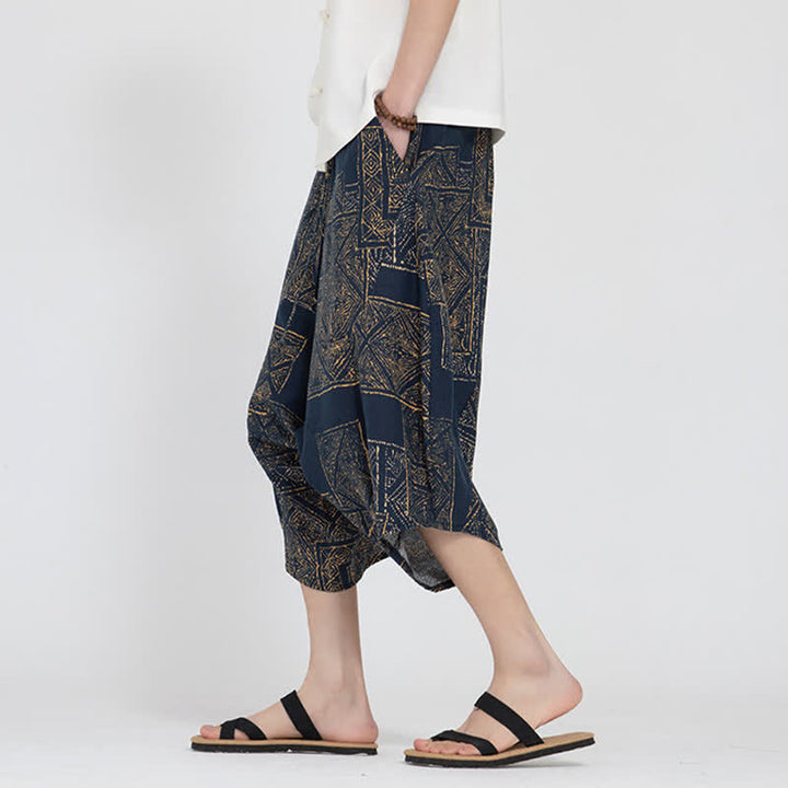 Buddha Stones Sommerliche Boho-Caprihose mit elastischem Bund, geometrischem Blumenmuster, Herren-Haremshose - image 13