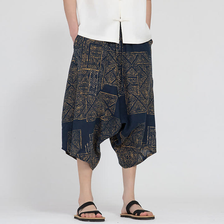 Buddha Stones Sommerliche Boho-Caprihose mit elastischem Bund, geometrischem Blumenmuster, Herren-Haremshose - SteelBlue - US/UK/AU46, EU56 (5XL) - image 14