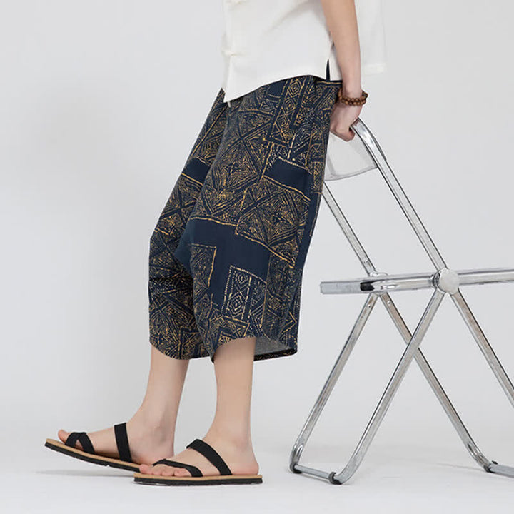 Buddha Stones Sommerliche Boho-Caprihose mit elastischem Bund, geometrischem Blumenmuster, Herren-Haremshose - image 18