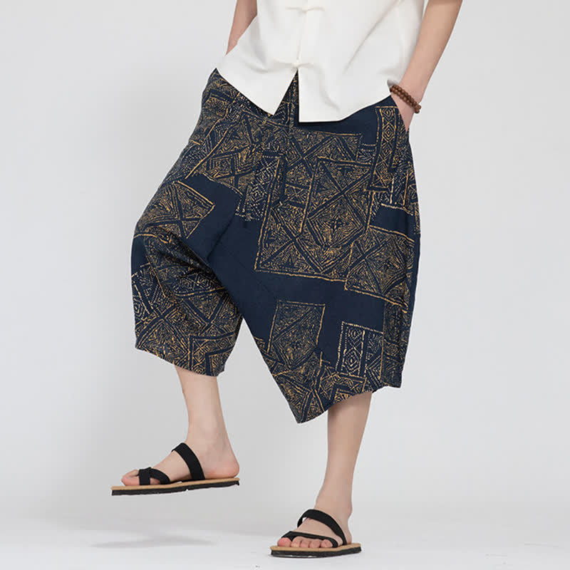 Buddha Stones Sommerliche Boho-Caprihose mit elastischem Bund, geometrischem Blumenmuster, Herren-Haremshose - image 17