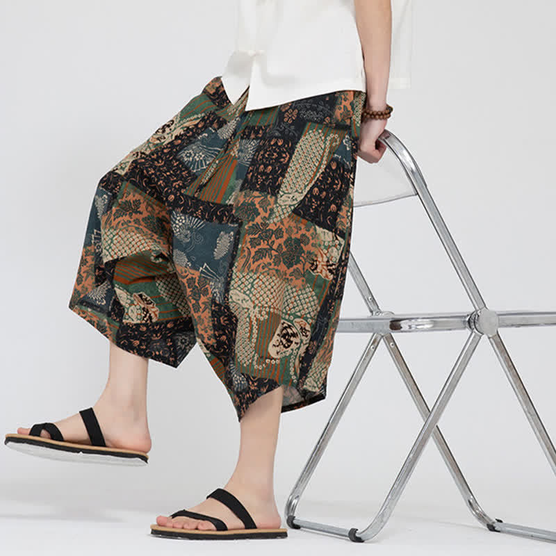 Buddha Stones Sommerliche Boho-Caprihose mit elastischem Bund, geometrischem Blumenmuster, Herren-Haremshose - image 28