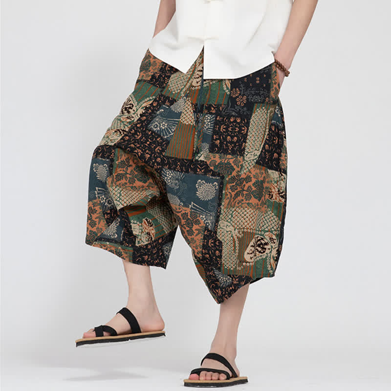 Buddha Stones Sommerliche Boho-Caprihose mit elastischem Bund, geometrischem Blumenmuster, Herren-Haremshose - image 26