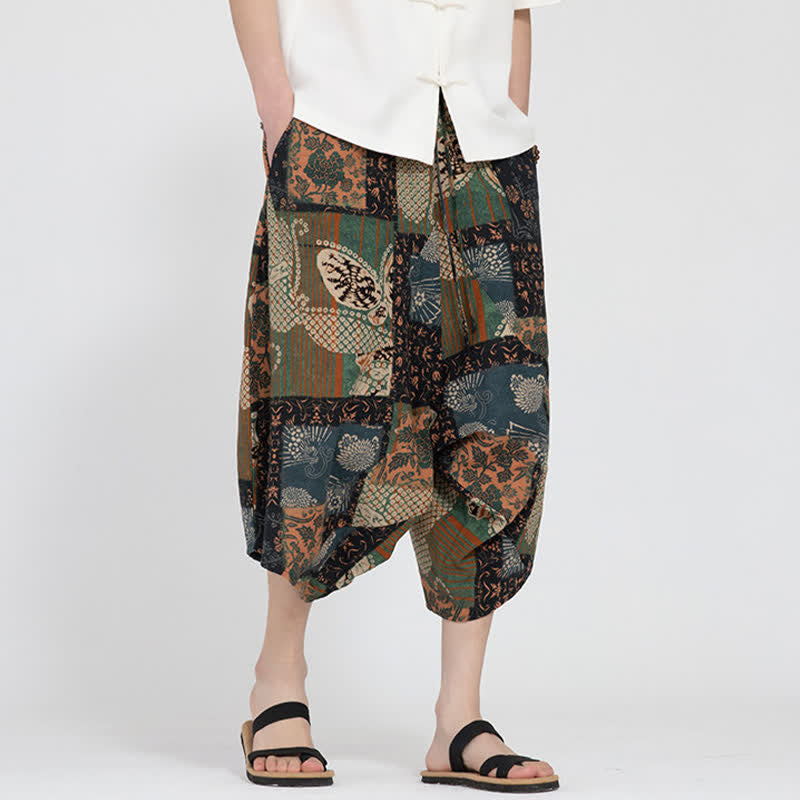 Buddha Stones Sommerliche Boho-Caprihose mit elastischem Bund, geometrischem Blumenmuster, Herren-Haremshose - image 24