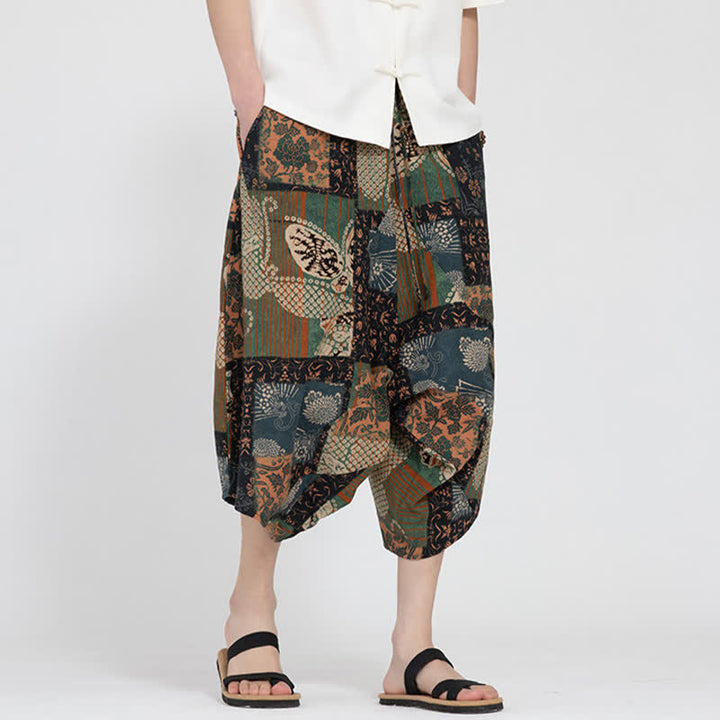 Buddha Stones Sommerliche Boho-Caprihose mit elastischem Bund, geometrischem Blumenmuster, Herren-Haremshose - image 24