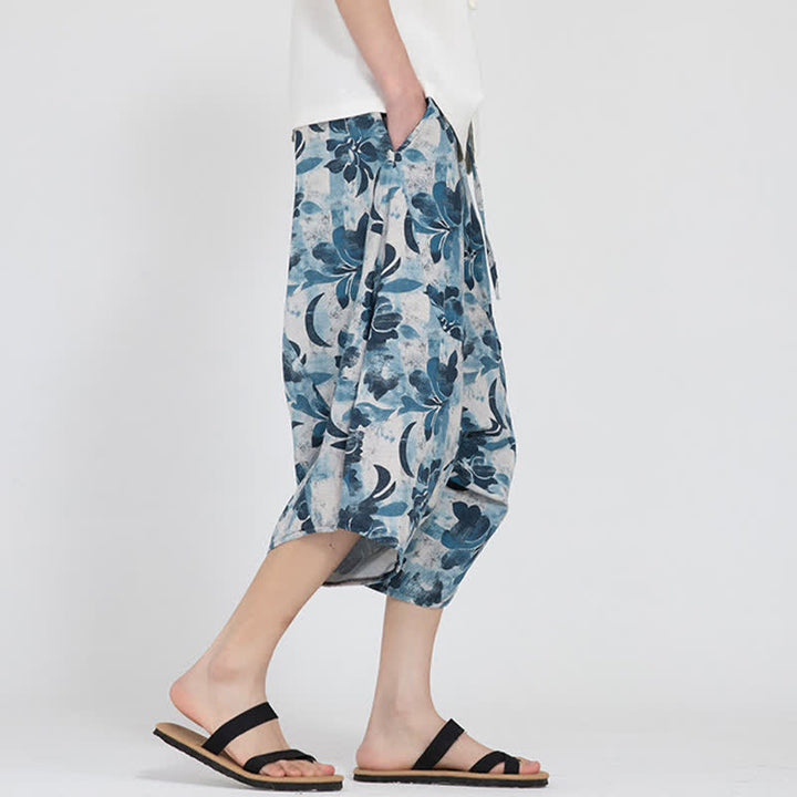 Buddha Stones Sommerliche Boho-Caprihose mit elastischem Bund, geometrischem Blumenmuster, Herren-Haremshose - image 33