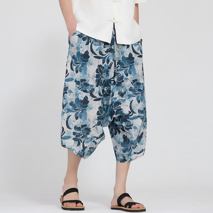 Buddha Stones Sommerliche Boho-Caprihose mit elastischem Bund, geometrischem Blumenmuster, Herren-Haremshose - Hellblau - US/UK/AU46, EU56 (5XL) - image 29