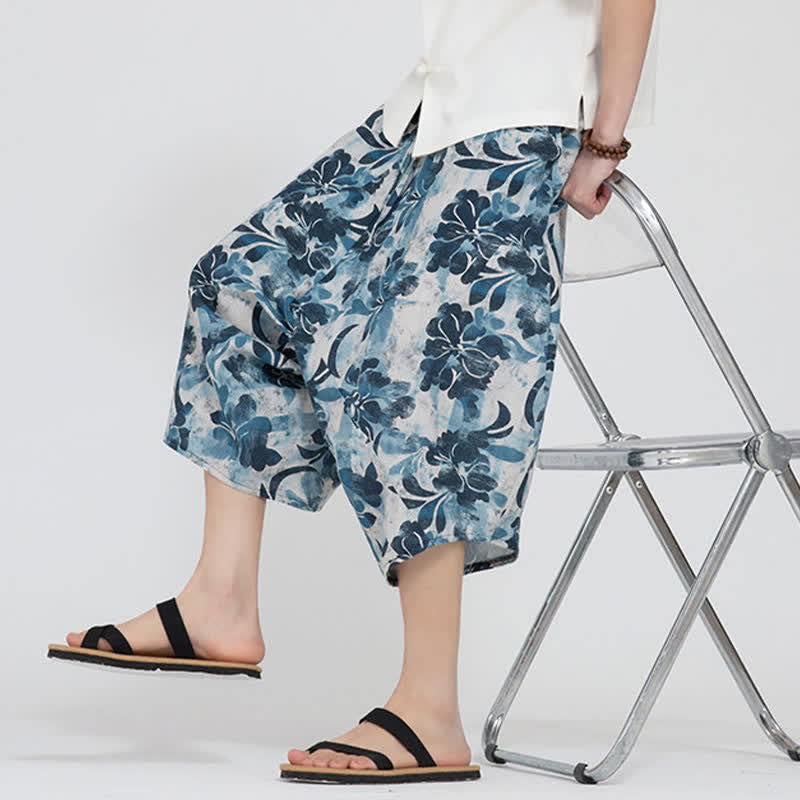 Buddha Stones Sommerliche Boho-Caprihose mit elastischem Bund, geometrischem Blumenmuster, Herren-Haremshose - image 37