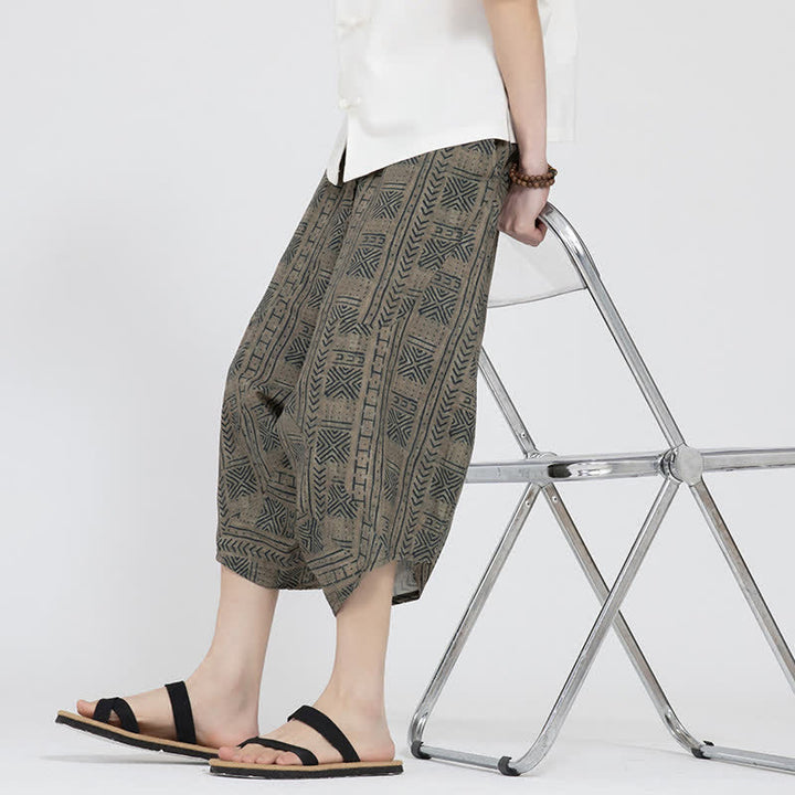 Buddha Stones Sommerliche Boho-Caprihose mit elastischem Bund, geometrischem Blumenmuster, Herren-Haremshose - image 8