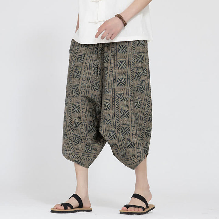 Buddha Stones Sommerliche Boho-Caprihose mit elastischem Bund, geometrischem Blumenmuster, Herren-Haremshose - image 4