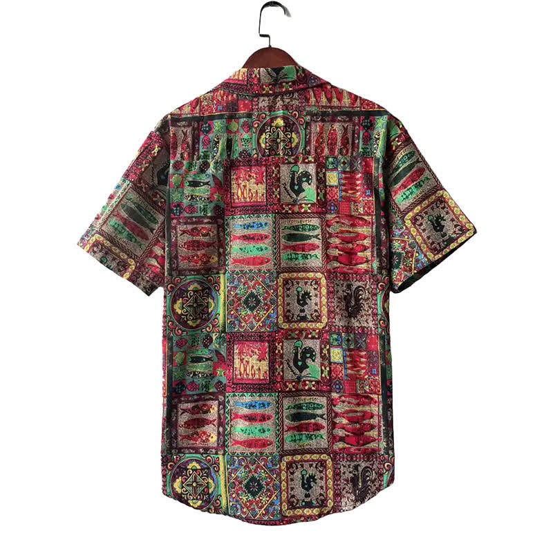 Buddha Stones Sommerliches Boho-Vintage-Herrenhemd mit Knopfleiste und geometrischem Muster, Kurzarm - image 7