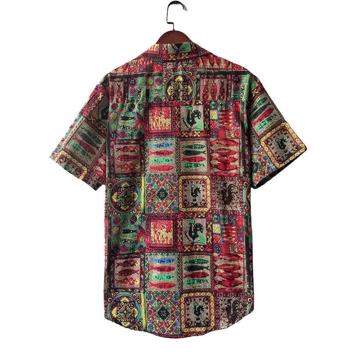 Buddha Stones Sommerliches Boho-Vintage-Herrenhemd mit Knopfleiste und geometrischem Muster, Kurzarm - image 7