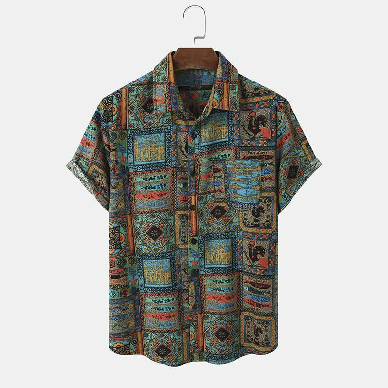 Buddha Stones Sommerliches Boho-Vintage-Herrenhemd mit Knopfleiste und geometrischem Muster, Kurzarm - Türkis - US/UK/AU44, EU54 (3XL) - image 0