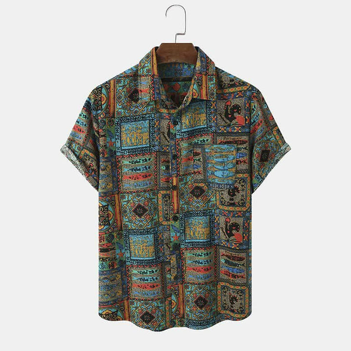 Buddha Stones Sommerliches Boho-Vintage-Herrenhemd mit Knopfleiste und geometrischem Muster, Kurzarm - Türkis - US/UK/AU44, EU54 (3XL) - image 0