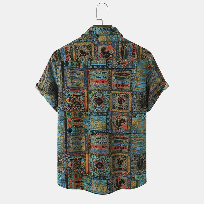 Buddha Stones Sommerliches Boho-Vintage-Herrenhemd mit Knopfleiste und geometrischem Muster, Kurzarm - image 1
