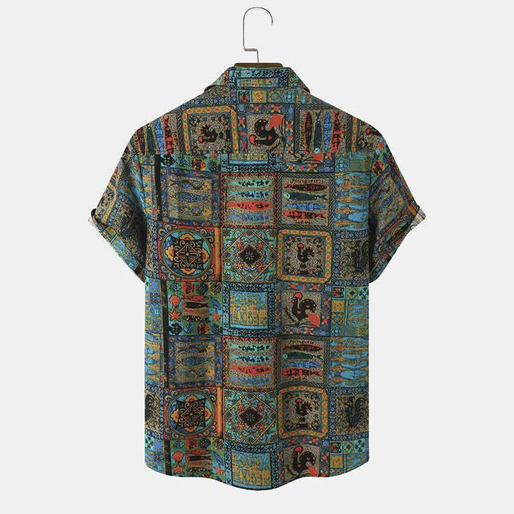 Buddha Stones Sommerliches Boho-Vintage-Herrenhemd mit Knopfleiste und geometrischem Muster, Kurzarm - image 1