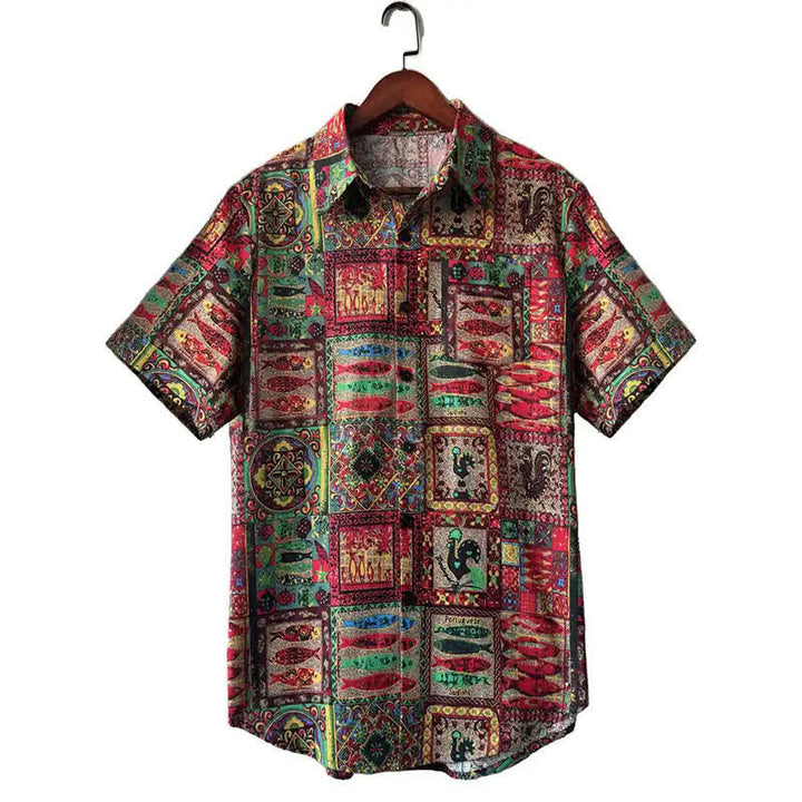 Buddha Stones Sommerliches Boho-Vintage-Herrenhemd mit Knopfleiste und geometrischem Muster, Kurzarm - Purpurrot - US/UK/AU44, EU54 (3XL) - image 6