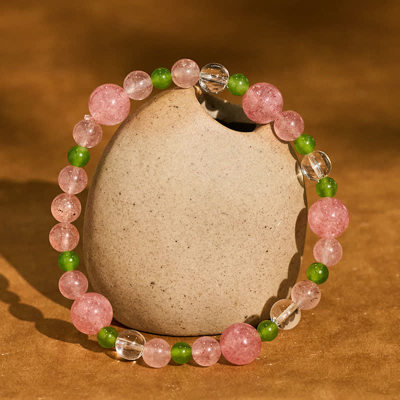 Buddha Stones Heilarmband aus Erdbeerquarz, grünem Achat und klarem Quarz - Erdbeerquarz (Handgelenkumfang: 16–17 cm) - image 0