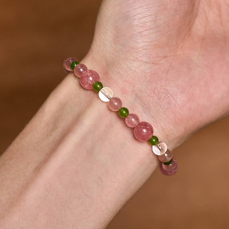 Buddha Stones Heilarmband aus Erdbeerquarz, grünem Achat und klarem Quarz - image 9