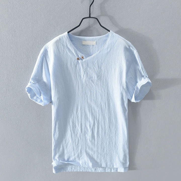 Buddha Stones Lässiges, asymmetrisches Kurzarmhemd für Herren mit V-Ausschnitt und Knopfleiste – perfekt für den Sommer. - Hellblau - US/UK/AU44, EU54 (3XL) - image 4