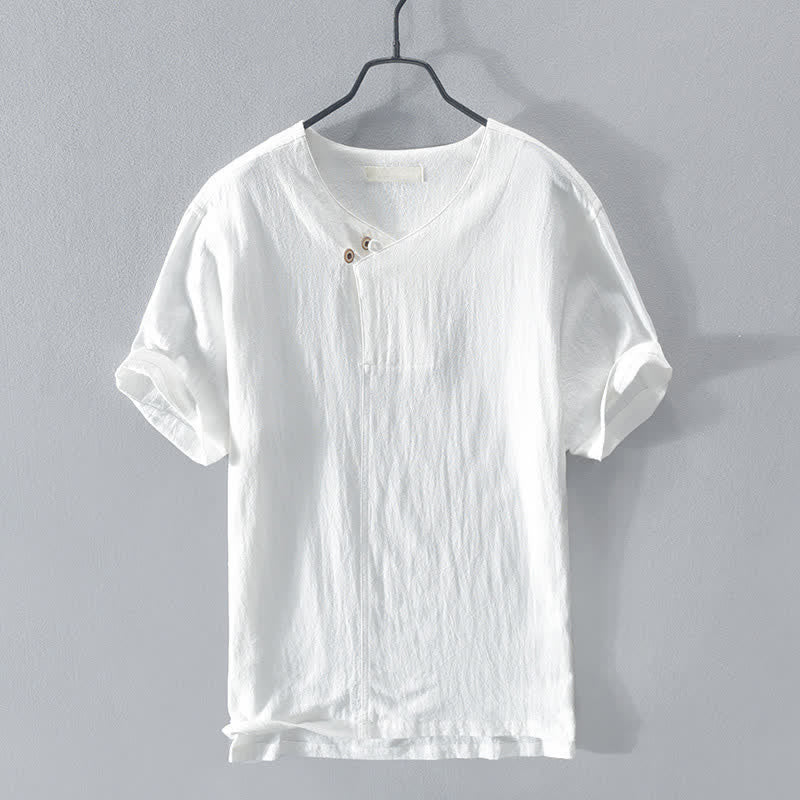 Buddha Stones Lässiges, asymmetrisches Kurzarmhemd für Herren mit V-Ausschnitt und Knopfleiste – perfekt für den Sommer. - Weiß - US/UK/AU44, EU54 (3XL) - image 12