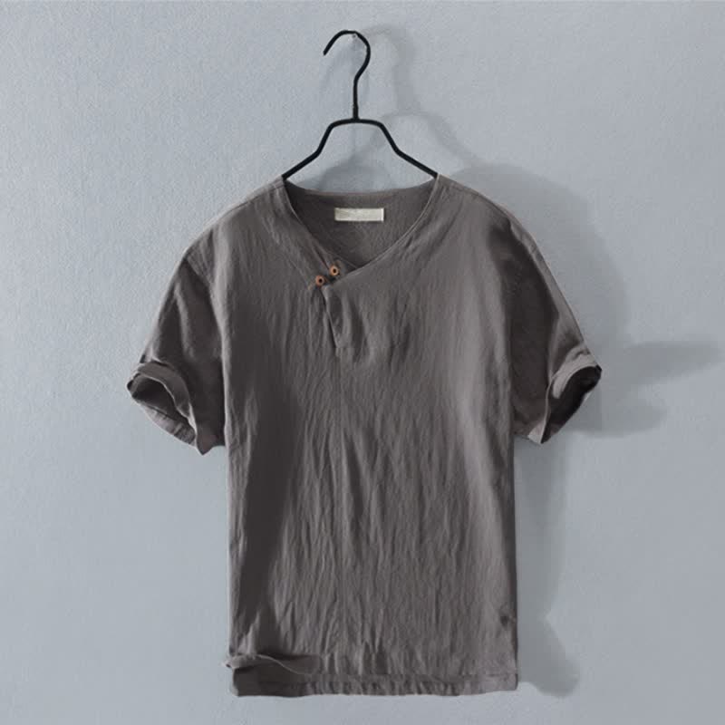 Buddha Stones Lässiges, asymmetrisches Kurzarmhemd für Herren mit V-Ausschnitt und Knopfleiste – perfekt für den Sommer. - DimGray - US/UK/AU42, EU52 (3XL) - image 0