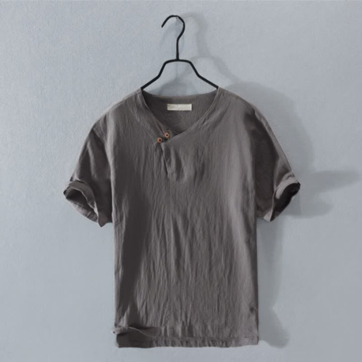 Buddha Stones Lässiges, asymmetrisches Kurzarmhemd für Herren mit V-Ausschnitt und Knopfleiste – perfekt für den Sommer. - DimGray - US/UK/AU42, EU52 (3XL) - image 0