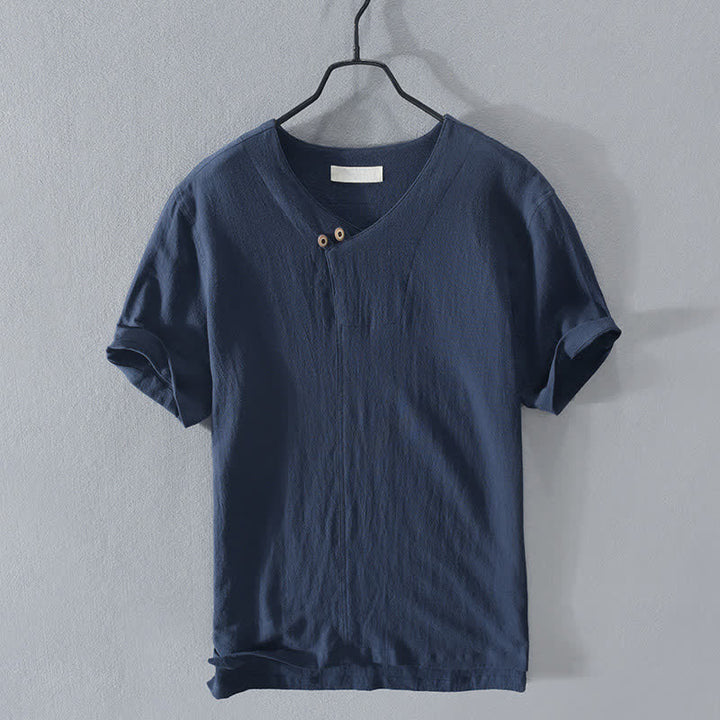 Buddha Stones Lässiges, asymmetrisches Kurzarmhemd für Herren mit V-Ausschnitt und Knopfleiste – perfekt für den Sommer. - Königsblau - US/UK/AU42, EU52 (3XL) - image 8